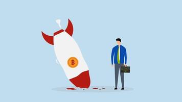 Bitcoin price collapse, Animation of sad bankrupt businessman falling into a rocket with bitcoin symbol. video