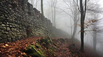 Castle walls within misty woods photo