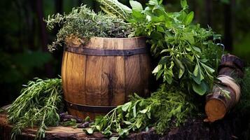 Abundant herbs in rustic wooden barrel photo