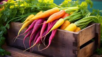 Vintage crate filled with rainbow carrots photo