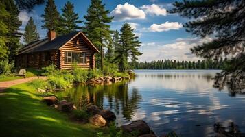 de madera cabina sereno orilla del lago foto