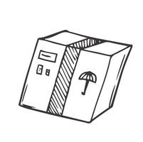 Doodle closed box icon. Black and white symbol with frame. Line art style graphic design element. Web button. Isolated on white background. Packaging, delivery, house moving concept. vector