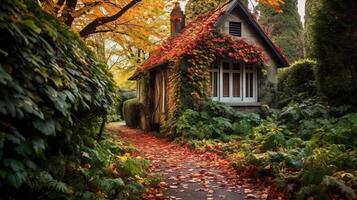 Rustic cottage surrounded by fall foliage photo