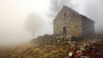 Stone cottage foggy scene photo