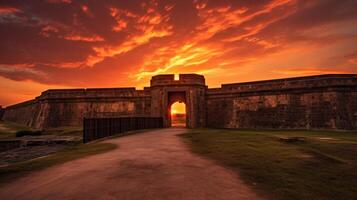 Fort basking in the evening glow of fiery sunset photo