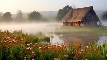 Cottage amidst misty meadow photo