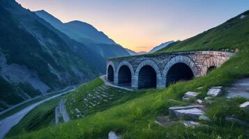 Dawn light on mountain pass fortification photo