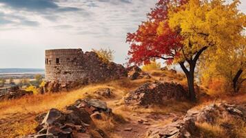 Desolate stronghold debris on picturesque hill photo