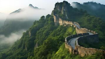 Fortification shrouded in morning mist at mountain pass photo