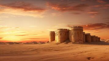 Stronghold in sandy landscape at dusk photo