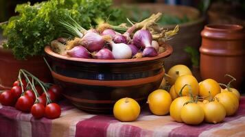 Harvested red and yellow onions in ceramic container photo