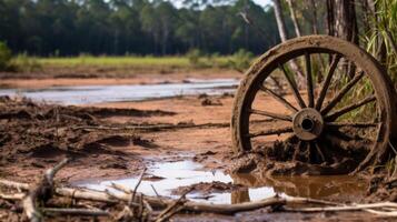 antiguo rueda de carro incrustado en lodoso suelo foto