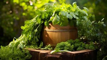 Wooden container brimming with harvested herbs photo