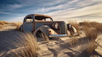 Abandoned auto amid rising sand hills photo