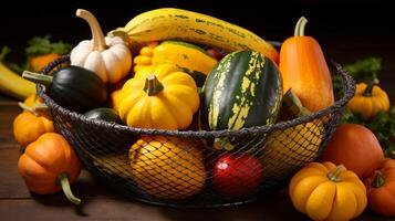 Collection of colorful kohlrabi in wire basket photo