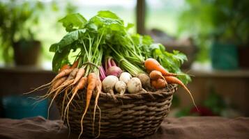 Handmade straw basket with assorted root vegetables photo