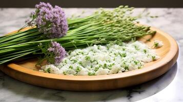 Marble tray presents assortment of chive blooms photo