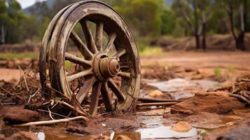 Vintage wheel stuck in damp soil photo