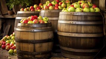 Fresh apple juice in wooden barrel photo