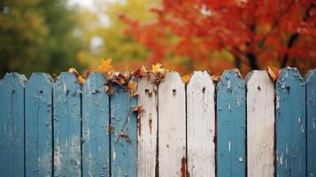 Peeling paint on rustic wooden fence photo