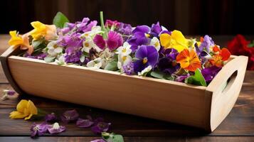 Wooden trough filled with flower petals photo