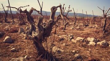 Dry vineyard with withering vines photo