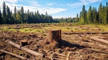 Cleared forest showing stumps and discarded trees photo