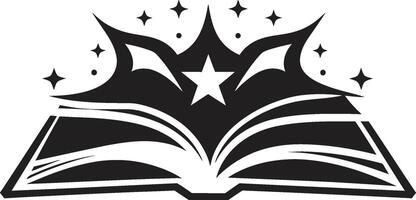 conocimiento desvelado oscuro icono con intrincado libro diseño literario desatando elegante negro emblema con abierto libro Arte vector