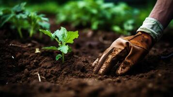 manos en agricultura con suelo y guantes foto