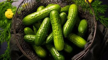 Single cucumber harvest in metal basket photo