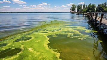 Algal bloom polluting serene water photo