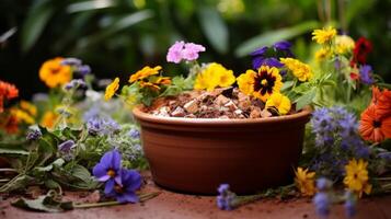 Decorative gourds in clay planter photo