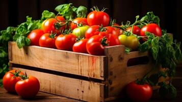 jugoso Tomates desbordante en antiguo caja foto