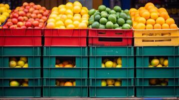 apilado Fruta cajas en brillante matices foto