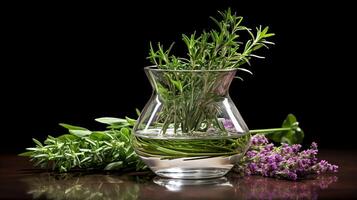 Aromatic herbs and spices in glass vase photo