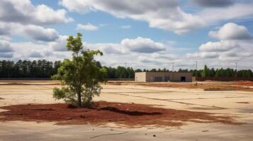 Abandoned parking lot overrun with weeds photo