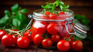 Glass jar filled with colorful mix of cherry tomatoes photo