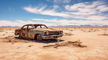 abandonado coche en medio de desolado terreno foto