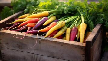 Rainbow carrots in weathered crate photo