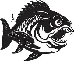 Dark Water Fury Emblem Sleek Silhouette in Noir Black Jaws of Chaos Chic Black Icon with Elegant Piranha Design vector