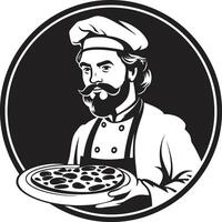 Savory Slice Unleashed Dark Icon Illustration for Modern Branding Pizza Chef Mastery Chic Black Emblem with Sleek Culinary Design vector