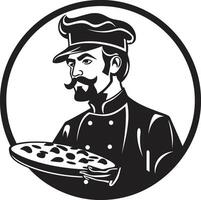 Noir Pizzeria Delight Elegant Black Icon for a Flavorful Brand Identity Culinary Art Emblem Stylish Logo with Intricate Pizza Chef vector