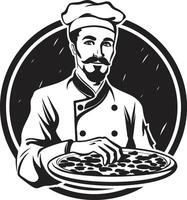 Pizza virtuoso elegante icono ilustración con cocinero sombrero silueta culinario artesanía elegante negro emblema con moderno toque vector