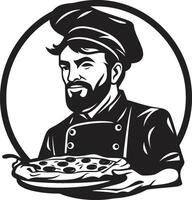 Pizza deleite maestro elegante negro emblema para un cautivador imagen pepperoni pasión elegante logo diseño con elegante Pizza cocinero Arte vector