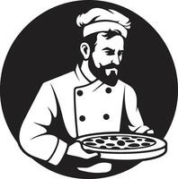 Savory Slice Unleashed Contemporary Black Icon for Delectable Branding Noir Pizzaiolo Elegance Elegant Logo with Pizza Chef Hat vector