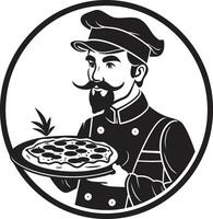 culinario maestría intrincado negro emblema para un moderno pizzería Mira artesanal pizzaiolo elegante icono con pulcro Pizza silueta vector