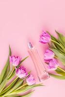 elegante botella de rosado perfume entre tulipanes en rosado antecedentes. parte superior vista. plano poner. presentación de un fragancia. blanco botella Bosquejo. vertical vista. foto