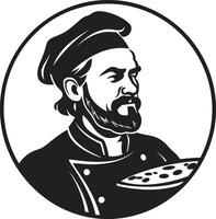 Gourmet Pie Icon Chic Illustration with Elegant Pizza Chef Hat Pizza Delight Maestro Sleek Black Logo for a Captivating Pizzeria vector