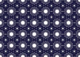 White symbol flowers form on dark blue background, ethnic fabric seamless pattern design for cloth, carpet, batik, wallpaper, wrapping etc. vector