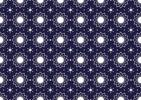 White symbol flowers form on dark blue background, ethnic fabric seamless pattern design for cloth, carpet, batik, wallpaper, wrapping etc. vector